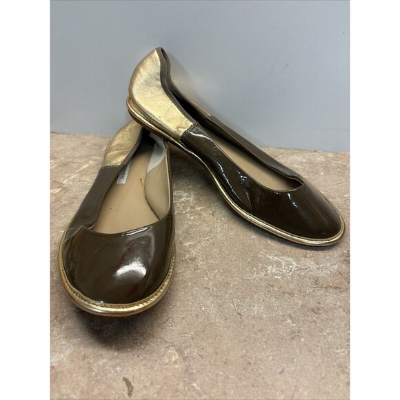 DVF DIANE von FURSTENBERG GOLD LEATHER BROWN PATENT LEATHER BALLET FLATS 10 - Picture 1 of 8